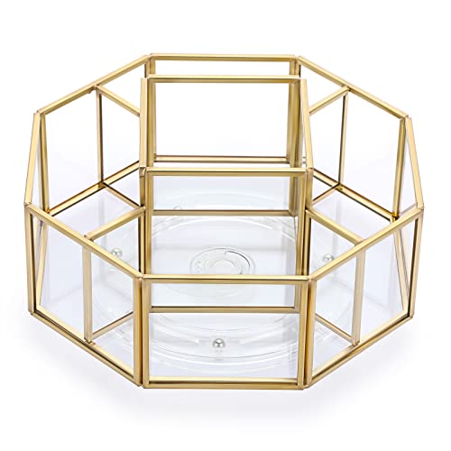 Hipiwe 360 Degree Rotating Glass Makeup Organizer- 5 Slots Gold Metal Cosmetic Storage Display Holder Octagon Dresser Bathroom Spinning Vanity Organizer For Makeup Brushes, Lipsticks, Perfume