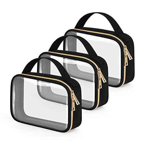 Wedama TSA Approved Toiletry Bag, 3 Pack Clear Makeup Bags with Handles, Quart Size Clear Toiletry Bags, PVC Cosmetic Bags for Women and Men, Carry on Airport Airline Compliant Bag, Black