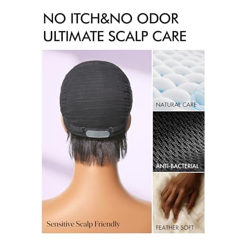 LUVME HAIR Ultra Comfort Throw On & Go Short Pixie Cut with Bangs 5 Inches Skin Friendly Cotton Cap 100% Real Human Hair Glueless Wig Glueless Wig Hair Loss Friendly Full Machine Made 22.5 Wig Cap