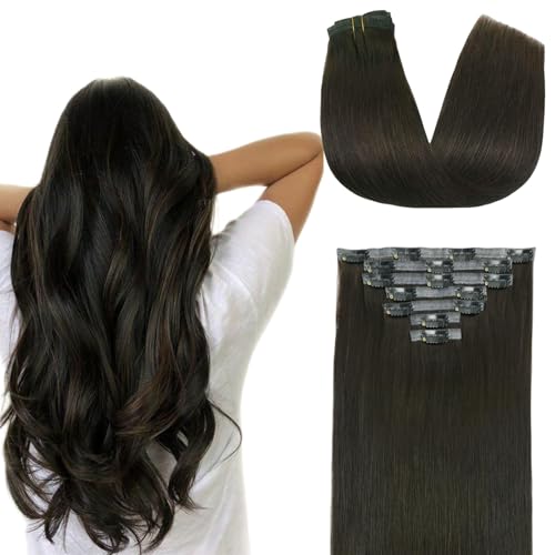 Clip in Extensions Real Human Hair 7pcs, Natural and Seamless 90g (Dark Brown to Black, 22 inch)