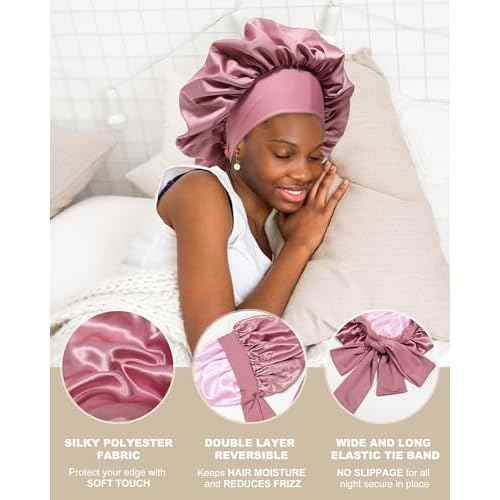 Satin Bonnet for Women Silk Bonnets for Sleeping Curly Hair Bonnet with Elastic Tie Band Reversible Double Layer Sleep Cap Hair Wrap (Bean Paste + Pink)