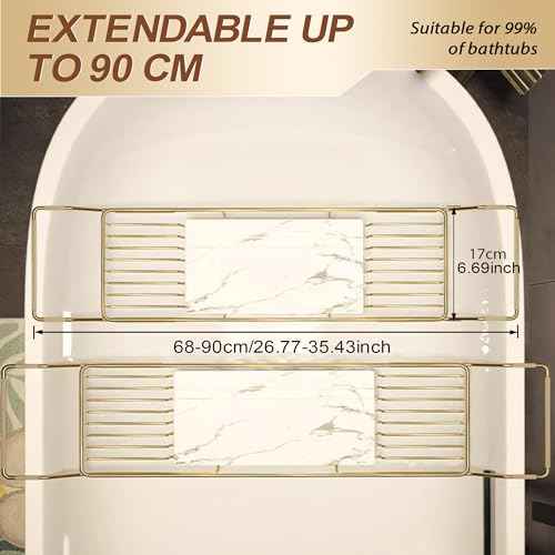 BVL Bathtub Tray Stainless Steel with Marble Base Gold Bathtub Tray with White Marble Base Adjustable & Rustproof Bath Caddy for Spa, Relaxation, Bath Bombs