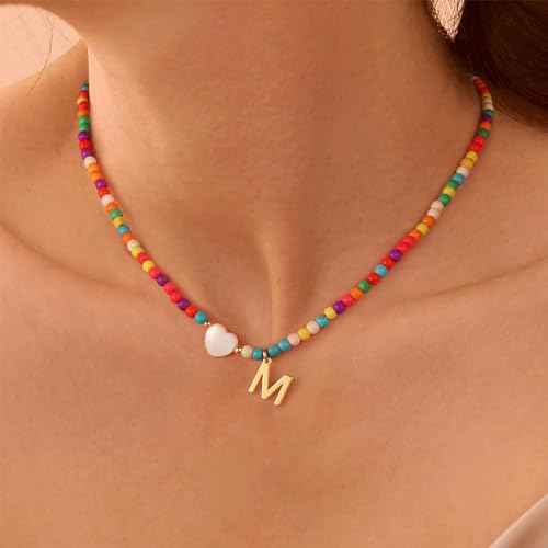Ursteel Colorful Initial Cute Necklaces for Girls - Trendy Beaded Choker Necklace for Women Teen Girl, Personalized Letter Initial Gifts for Women Kids Jewelry