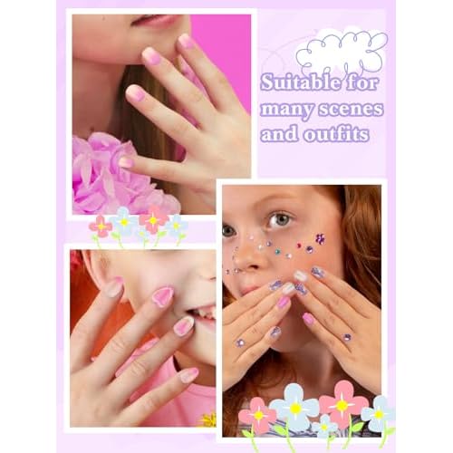 130PCS Kids Press on Nails, TOROKOM Fake Nails Set Short Square Glue on Nails for Girls Gift 8-12 Age, Heart Flower Butterfly Stick on Nails for Kids with Jelly Nail Adhesives & Glue
