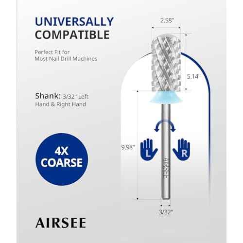 AIRSEE Tungsten Carbide Acrylic Nail Drill Bit Efile Electric File Machine Head Tip for Manicure Polishing Art Remove Gel 3/32" 2 Way Beginner Safety Round Top Cylinder Barrel 4X Coarse-4XC
