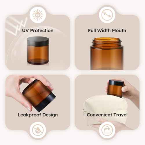 4 oz Glass Jars with Lids, 24 Pack Amber Small Glass Jars with Black Lids Leakproof Round Airtight Empty Cosmetic Travel Containers with Inner Liners For Lotions Powders and Candle Making