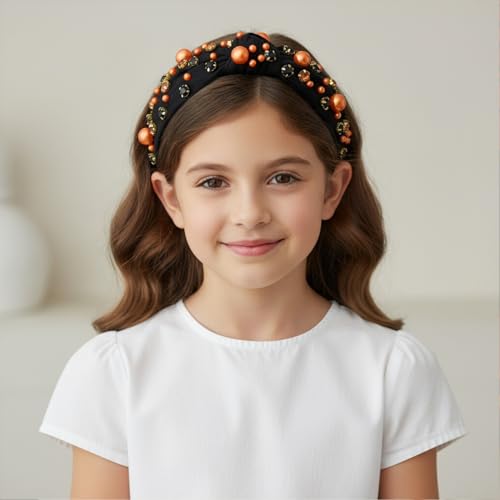 Halloween knotted Headband for Women Fashion Black Rhinestone Pearl Headband Hair Accessory, Costume Party Outfits Gifts