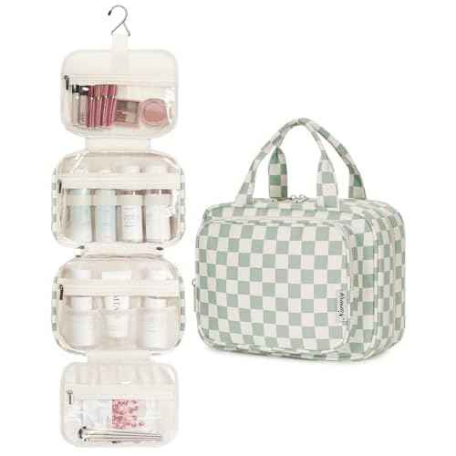 Narwey Hanging Toiletry Bag for Women Travel Checkered Makeup Bag Organizer Toiletries Bag for Travel Size Essentials Accessories Cosmetics (Mint Green Checkerboard (Medium))