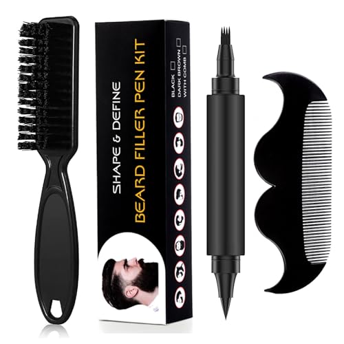 Beard Pen - Beard Pencil Filler for Men, Beard Filler with Beard Brush & Comb, 2-in-1 Dual-Ended Beard Pencils with 4-Fork-Tip & Precise Brush-Tip Birthday Gifts for Dad (Dark Brown)