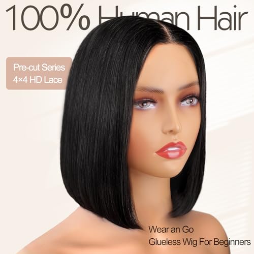 AISI Glueless Bob Wig Human Hair Pre Plucked Short Straight Bob Wigs for Black Women Pre Cut 4x4 Lace Closure HD Transparent Glueless Lace Front Wigs Human Hair 180% Density 12 Inch