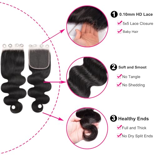 20 inch 5x5 HD Lace Closure Human Hair Body Wave 0.10mm SKINLIKE Ultra-thin Invisible HD Lace Closure 100% Human Hair Extensions 12A Brazilian Virgin Hair Pre Plucked with Baby Hair Natural Color