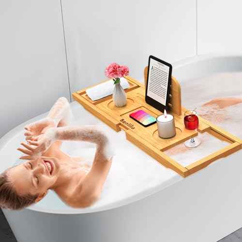 Premium Bamboo Bathtub Tray Caddy - Bath Tub Tray Table for Bathtub - Bath Caddy Tray for Bathtub, Expandable Size, Fits Most Bath Tubs