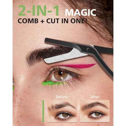 BALUCA Eyebrow Scissors with Comb | Professional Stainless Steel Eyebrow Trimmer for Women & Men | Dual-Design Precision Eye Brow Trimmer Scissors for Effortless Grooming, Silver (Black)