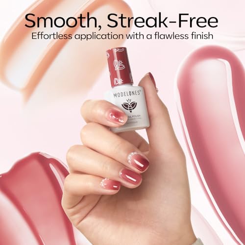 Modelones Jelly Gel Nail Polish Kit with UV Light, Fall Sheer Pink Nude Red Brown Jelly Gel Polish with Base Top Coat Pearl Chrome Powder 4 Transparent Colors Mini Salon Nail Art Gift for Women Girls