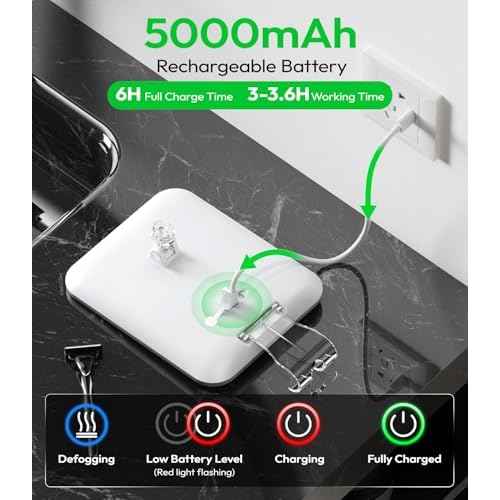 Lighted Shower Mirror Fogless for Shaving with Light, 5000mAh Heated Fogless Mirror for Shower, Detachable Razor Holder and Suction Cup for Wall, NO-Drilling, Waterproof for Bathroom (White)