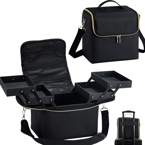 Large Travel Makeup Train Case, Big Makeup Bag Organizer Makeup Box,4 Tier Professional Cosmetic Storage Cases for Nail Tech Tattoo Storage Bag for Equipment and Supplies with luggage Sleeve