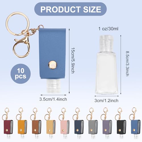 10PCS Hand Sanitizer Holders, 30ML Leather Keychain Holder Bottles Cases, Travel Size Empty Squeeze Bottle for Toiletry Shampoo Lotion Soap