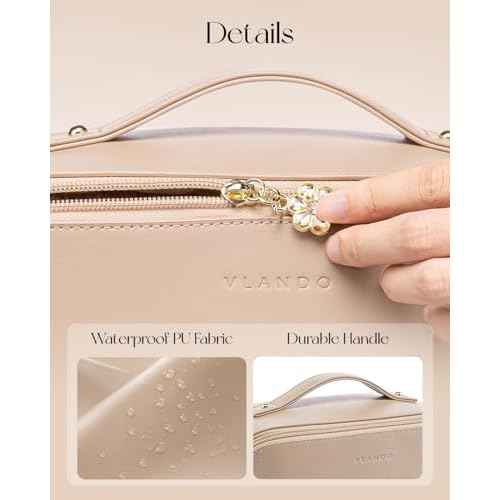 Vlando Makeup Bag,Large Capacity Travel Toiletry Bag,Cosmetic Bags for Women PU Leather Waterproof Portable Pouch with Divider & Handle-Toffee