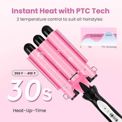 3 Barrel Curling Iron - 1" Professional Ceramic Hair Crimper with Dual Voltage & 2 Temperature Settings | 25mm Triple Barrel Waves Wand for Fast Heating Styling | Pink