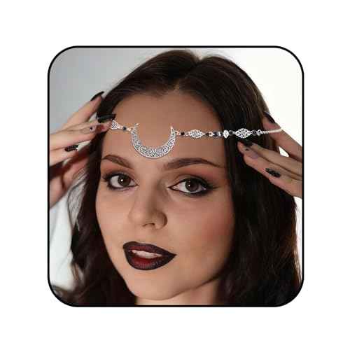 Boho Head Chain Crescent Moon Forhead Chain Black Crystal Headpieces Hair Accessories for Women and Girls (Silver)