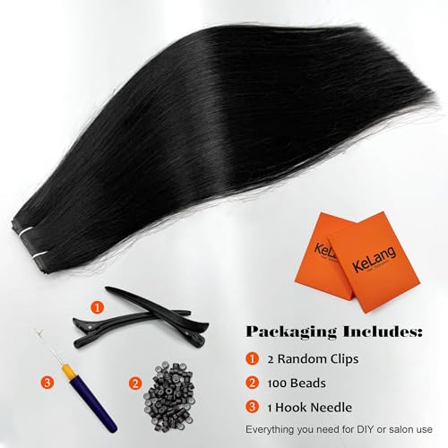 Butterfly Weft Hair Extensions Human Hair-Invisible Double Layered with Hole Hand Tied Genius Weft PU Seamless Micro Beads Real Remy Hair Jet Black 100g #1 16 Inch