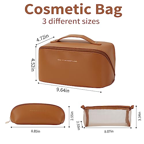 3 Pcs Travel Makeup Bag Portable Large Capacity Cosmetic Bags for Women Open Flat Makeup Case Organizer Bag Set of 3 Waterproof PU Leather Toiletry Bags with Divider and Handle (Brown, Medium)