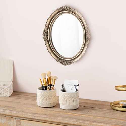 Mkono Macrame Makeup Brush Holder Organizer Comb Brushes Mini Storage Basket Set of 2 Boho Decor Baskets for Pen Pencil Box Container ,Ivory