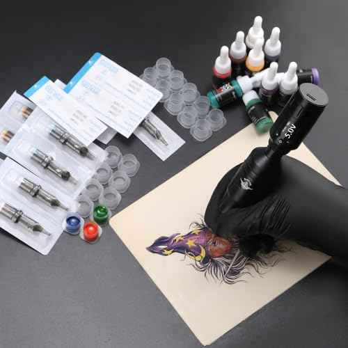 Beginners Tattoo Gun Kit - Wireless Tattoo Machine Kits with 1300mAh Battery, Rotary Tattoo Pen Set with 10pcs Cartridge Needles for Beginners Tattoo Supplies (45Pcs)