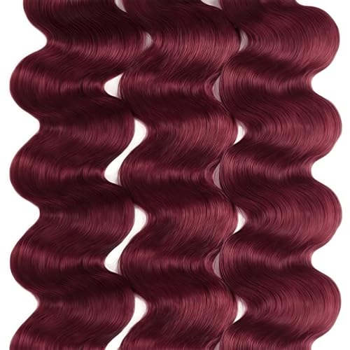 99J Burgundy Body Wave Human Hair Bundles 24 26 28 Inch 3 Bundles Brazilian Virgin Remy Hair Extensions Weave Soft Bouncy Curly Sew In for Black Women