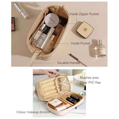 GRINKO Travel Makeup Bag, Large Capacity Toiletry Bag, Portable Pouch Cosmetic Bags for Women, PU Leather Waterproof Make up Organizer Apricot