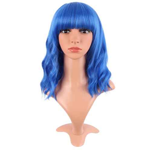 MapofBeauty 14 Inch/35 cm Short Wavy Curly Women Fresh Bright Synthetic Ordinary Flat Bangs Bob Wig (Blue)