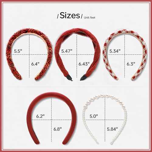 Fashion Headbands Set - 5pcs Red Wide Pearl Rhinestone Padded Hair Accessories for Women, Mothers Day, Valentine's Day, Christmas