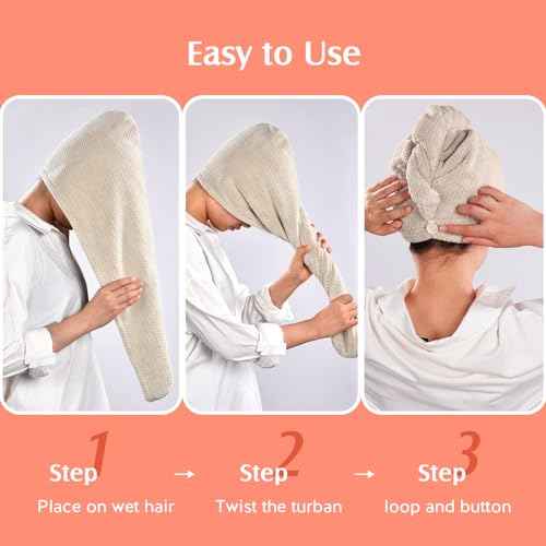 YFONG 2 Pack Microfiber Hair Towel Wrap for Women, Super Absorbent Quick Dry Hair Turban for All Hair Style Anti Frizz, Large Hair Drying Towel with Button