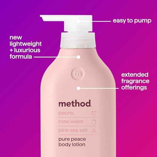 Method Body Lotion, Pure Peace, Rose Water, Peonies + Pink Sea Salt notes, 24 Hours of Moisture, 14 oz