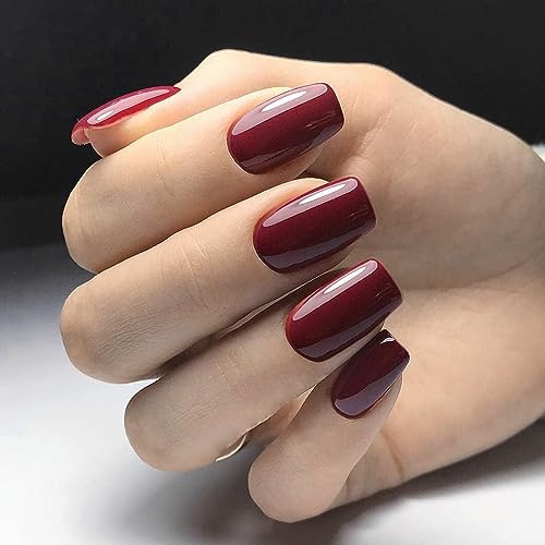 LoveOurHome 240pc Christmas Wine Red Press on Nails Medium Square Fake Nails Press ons Square Nail Tips Gel False Nails Presson Artificial Fingernails & Glue Adhesive Tabs Women Girls Manicure Decor