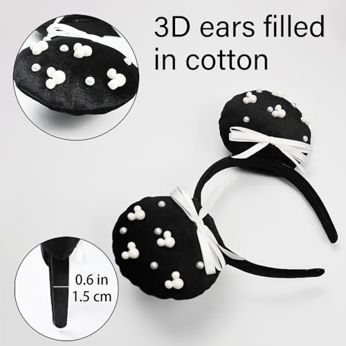 3D Black Mouse Ears Headband with Beads Pearls, Satin Bow Hairband Fashion Photogrphy Prop for Women Girls