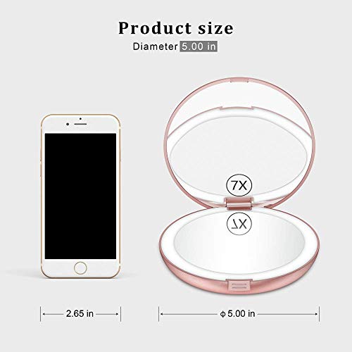 Benbilry LED Lighted Compact Travel Makeup Mirror with Lights, 1x/7x Magnification, 5 Inch Dual Sided Portable Illuminated ? Perfect for Handbag