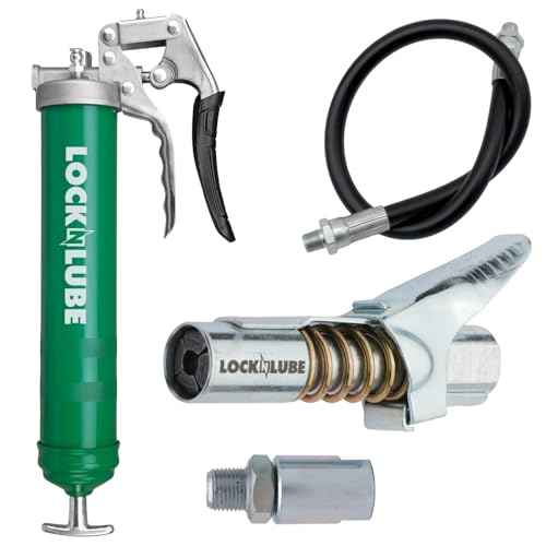 LockNLube Heavy-Duty Pistol Grip Grease Gun. Includes our patented LockNLube¢ç Grease Coupler (Locks On, Stays On, Won't Leak!) plus a high-quality 20" hose and in-line hose swivel