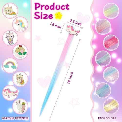 8 Pieces Hair Clips for Girls, Animal Straight Rainbow Hair Extensions for Kids, Little Girl Hair Clips Accessories for Girls Toddler Kids Ponytails