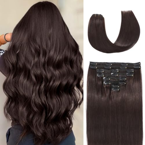 Clip in Hair Extensions Real Human Hair,100% Seamless Invisible Remy Human Hair Silky Straight,Clip Extensions for Women, 8pcs Per Set with Double Weft,2 Dark Brown,26inch 130g/4.6oz