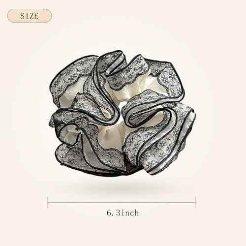 2 Pieces Lace Organza Scrunchies Large Hair accessories for Women girls Elegant lace hair ties ponytail thick curly hairs (Black)