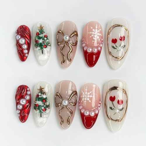 30Pcs Christmas Press on Nails Medium Almond Fake Nails Red French Tip Nails with Pearl Rhinestones Design 3D Bow False Nail Xmas Tree Flower Acrylic Nail Christmas Snowflake Glue on Nail for Women