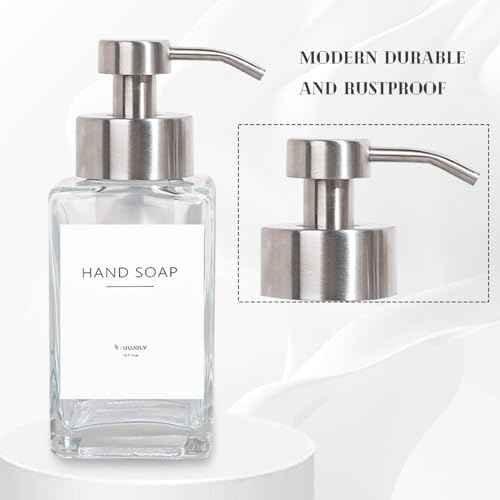 Foaming Soap Dispenser with Stainless Steel Pump, 12oz Refillable Glass Liquid Dish Soap Bottles for Bathroom, Kitchen Sink, Home Decor