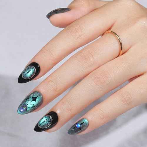 Press On Nails Halloween Almond - Spider Gem, Chameleon Cat Eye Effect Halloween Nails, Acrylic Square Short Halloween Fake Nails with Nail Glue, Stick On Nails in 16 Sizes - 32 PCS Soft Gel Kit
