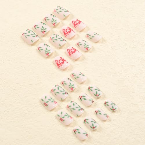 24Pcs Christmas Press on Nails Short Square Fake Nails Red False Nails Press Ons With Christmas Fruit Letter Printing Design Nail Stick on Nails Acrylic Manicure Kit Nail for Women Decor