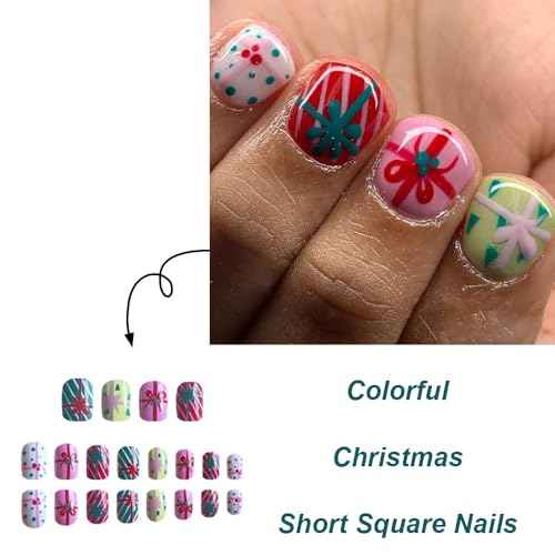 24Pcs Christmas Colorful Press on Nails Short Square Fake Nails YIHONGYAN with Cute Knot Polka Dots Design Glossy False Nails Acrylic Nails Full Cover Glue on Nails Stick on Nails for Women