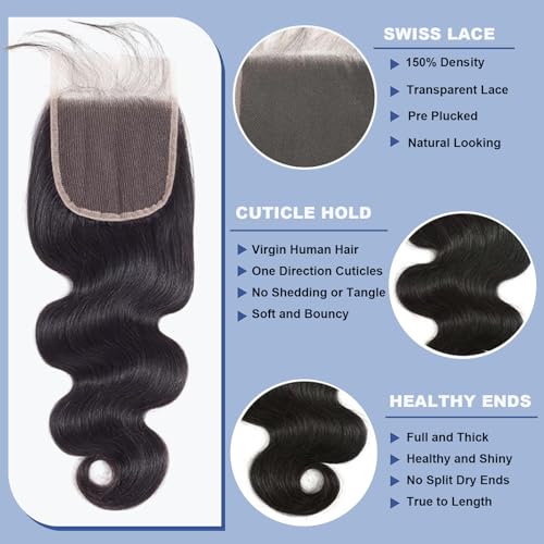 Human Hair Bundles with Closure Body Wave (18 20 22+16) 100% Unprocessed Brazilian Virgin Human Hair Weave Extensions 3 Bundles with 4x4 HD Transparent Lace Clsoure
