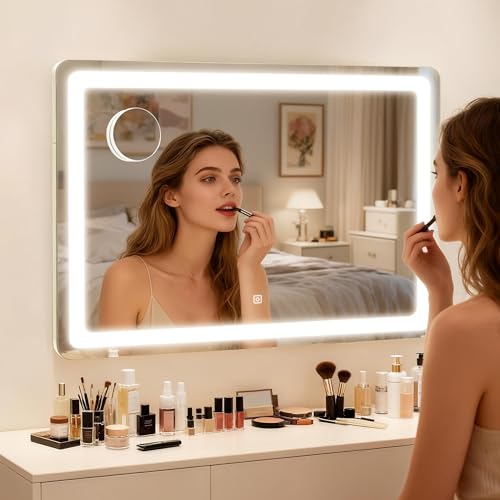 HNV Vanity Mirror with Lights 31"x21" Large Lighted Makeup Mirror, 3-Color Dimmable LED, Touch Screen, USB Charging, Tabletop & Wall Mount (White)