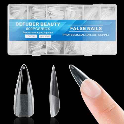 Half Matte Long Pointed Fake Nail Tips, Soft Gel Pre-Shaped Nail Tips, Full Cover False Nails with Clear Box for Nail Salons and DIY Nail Art, 600PCS/12 Sizes