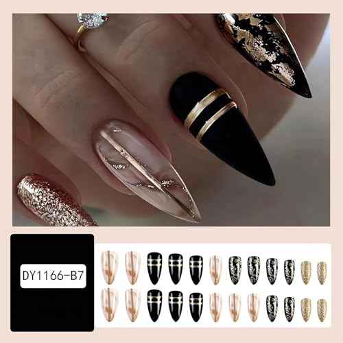 Black Amber Press on Nails Almond Fake Nails Medium Length Gold Foil Glue on Nails with Designs False Nail Tips Exquisite Almond Shape Stick on Nails Medium Artificial Nails for Women 24Pcs